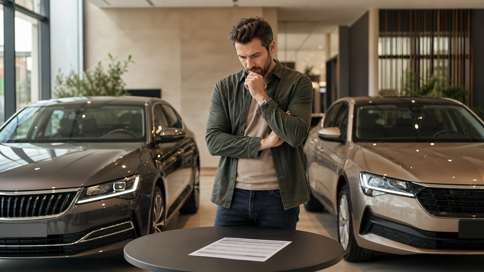 Takas değerini karşılaştıran araç sahibi ve showroomdaki iki otomobil