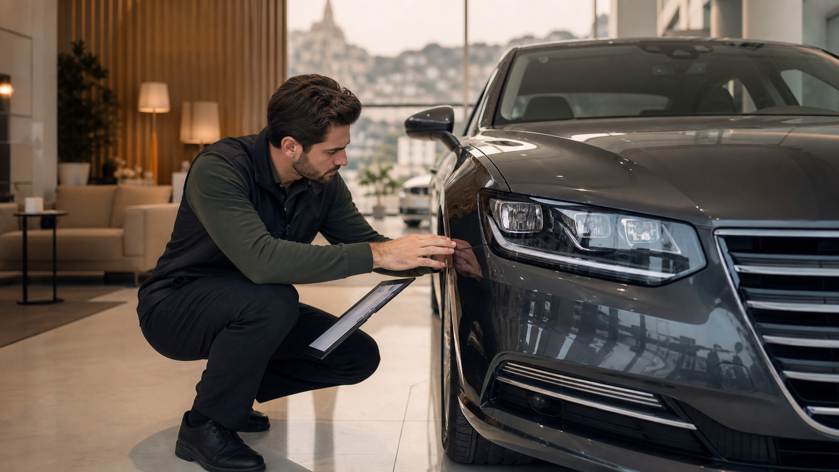 İkinci el araç panel hizasını ve servis evraklarını inceleyen teknisyen