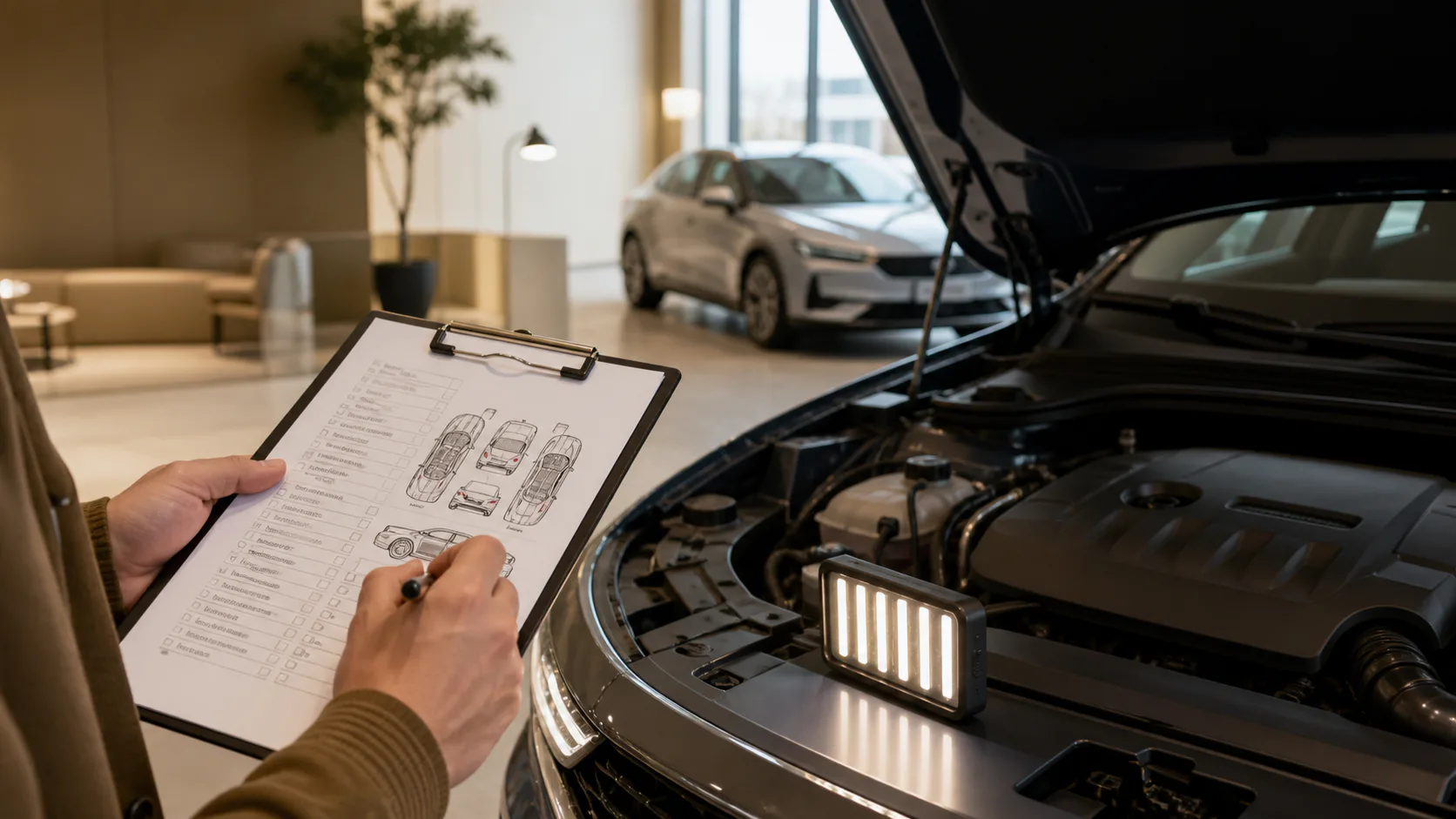 Ekspertiz raporu ve motor bölmesini inceleyen uzman