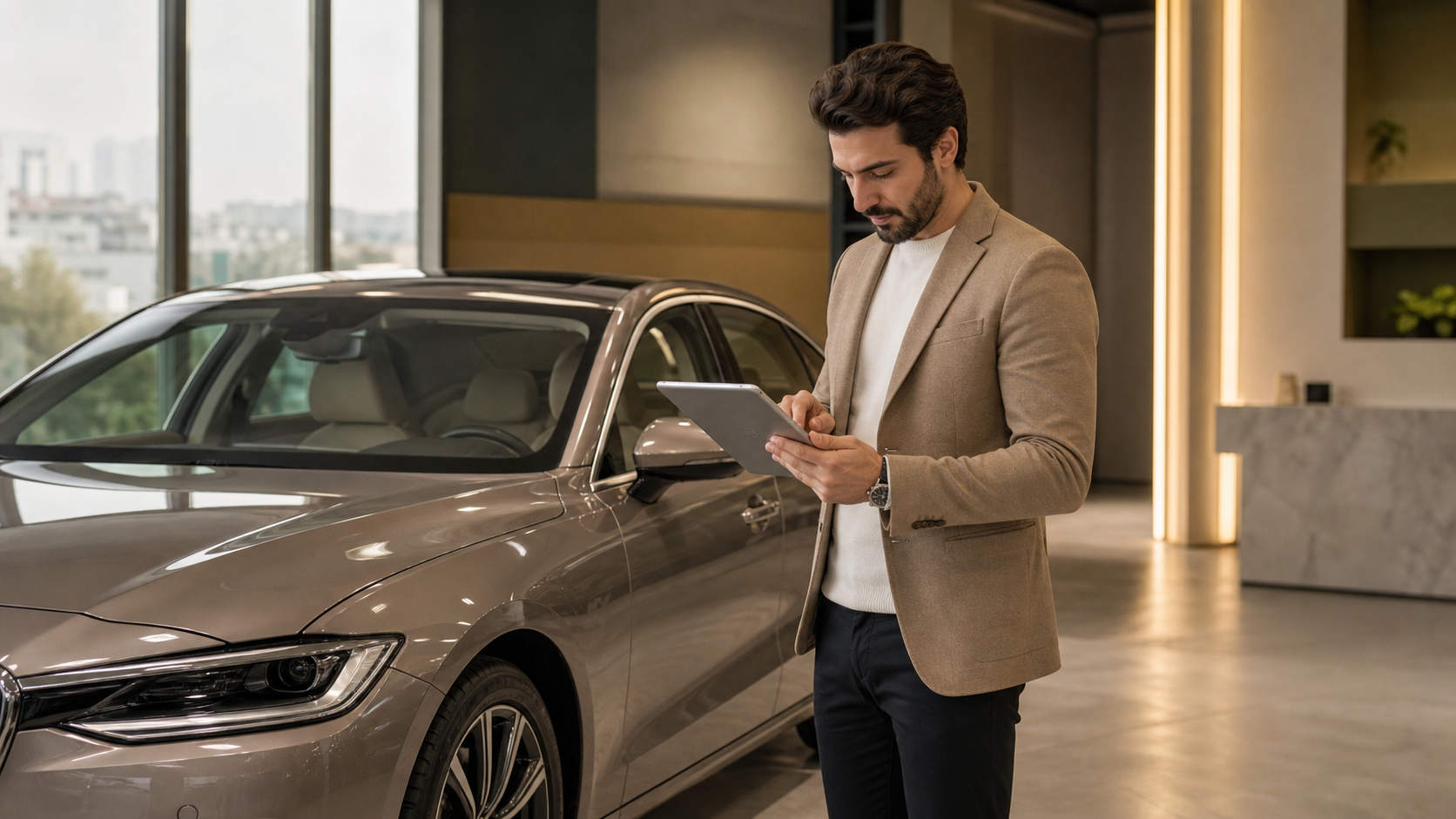 Hasar kaydını tabletle sorgulayan araç sahibi ve sedan