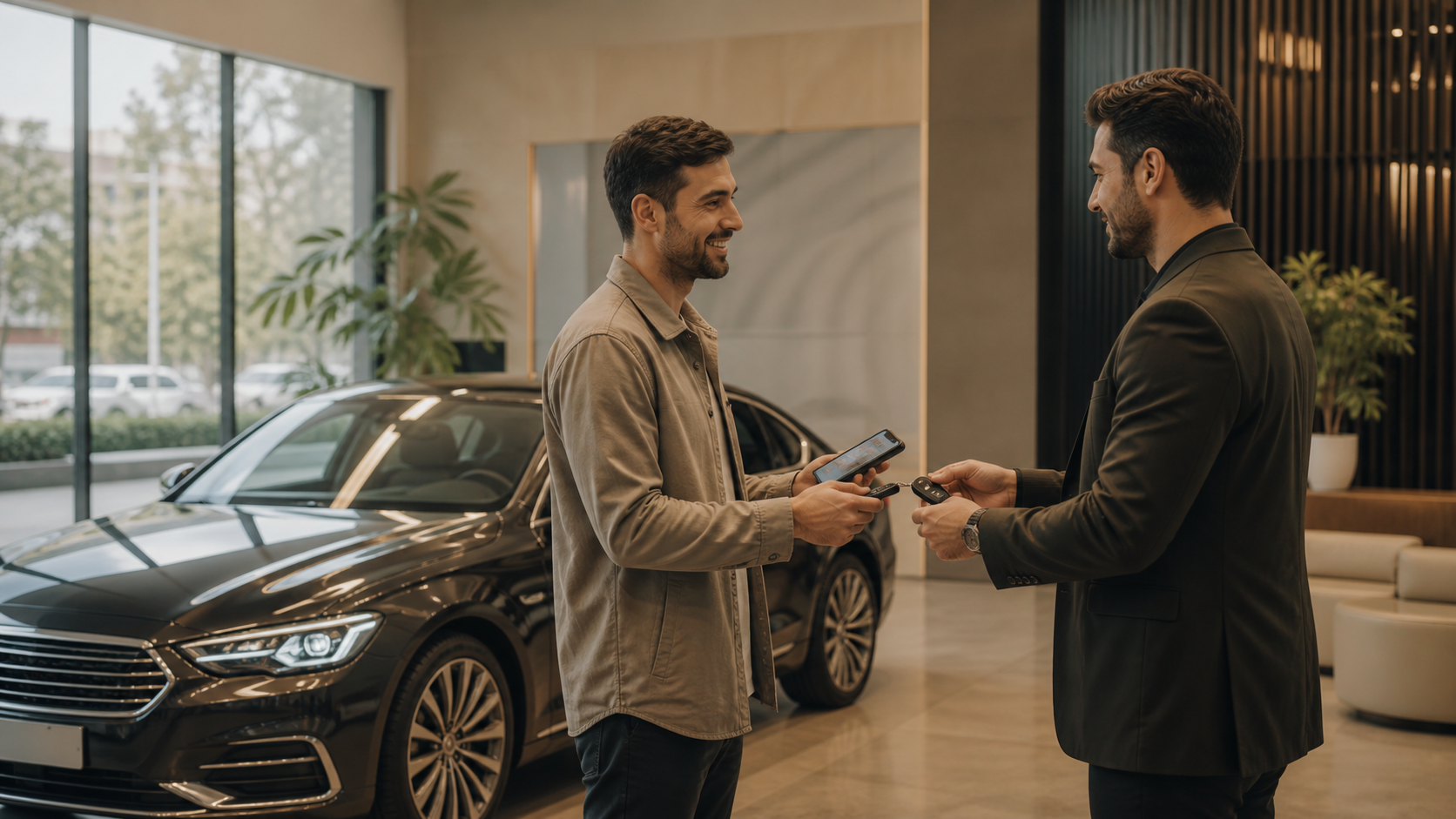Telefon ekranında güvenli para transferini kontrol eden araç sahibi