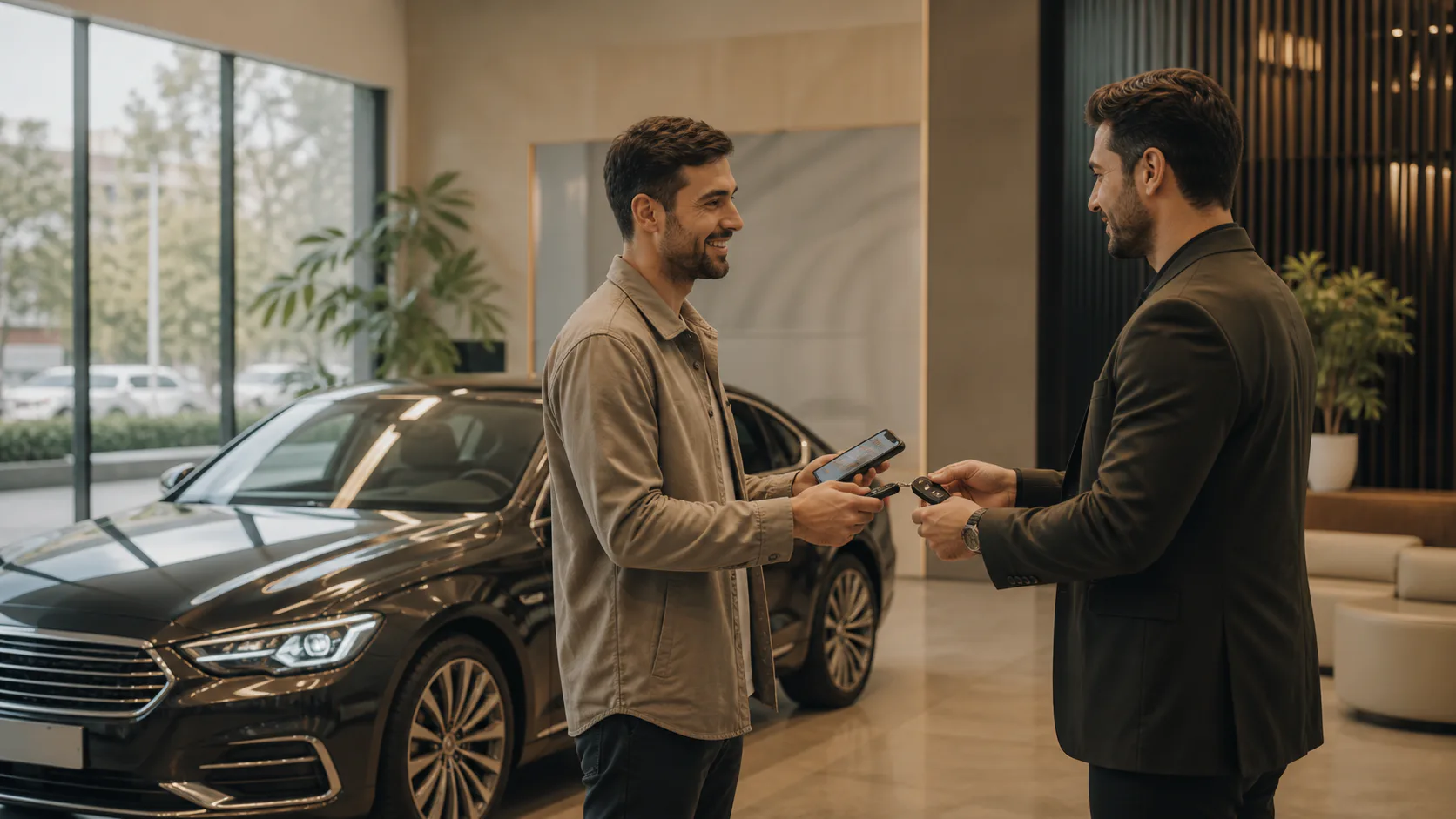 Telefon ekranında güvenli para transferini kontrol eden araç sahibi