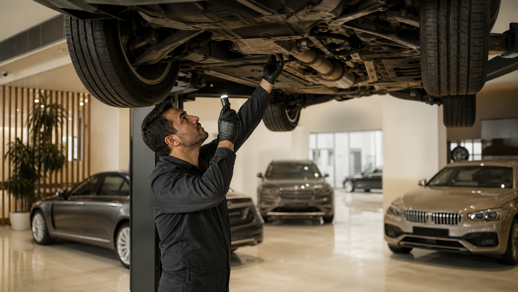 Kaldırılmış ikinci el otomobilin şasisini inceleyen teknisyen